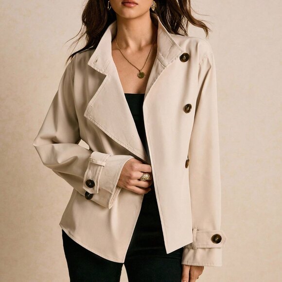 Beige Casual Women's Stand Collar Long Sleeve Trench Coat - Picture 4 of 8